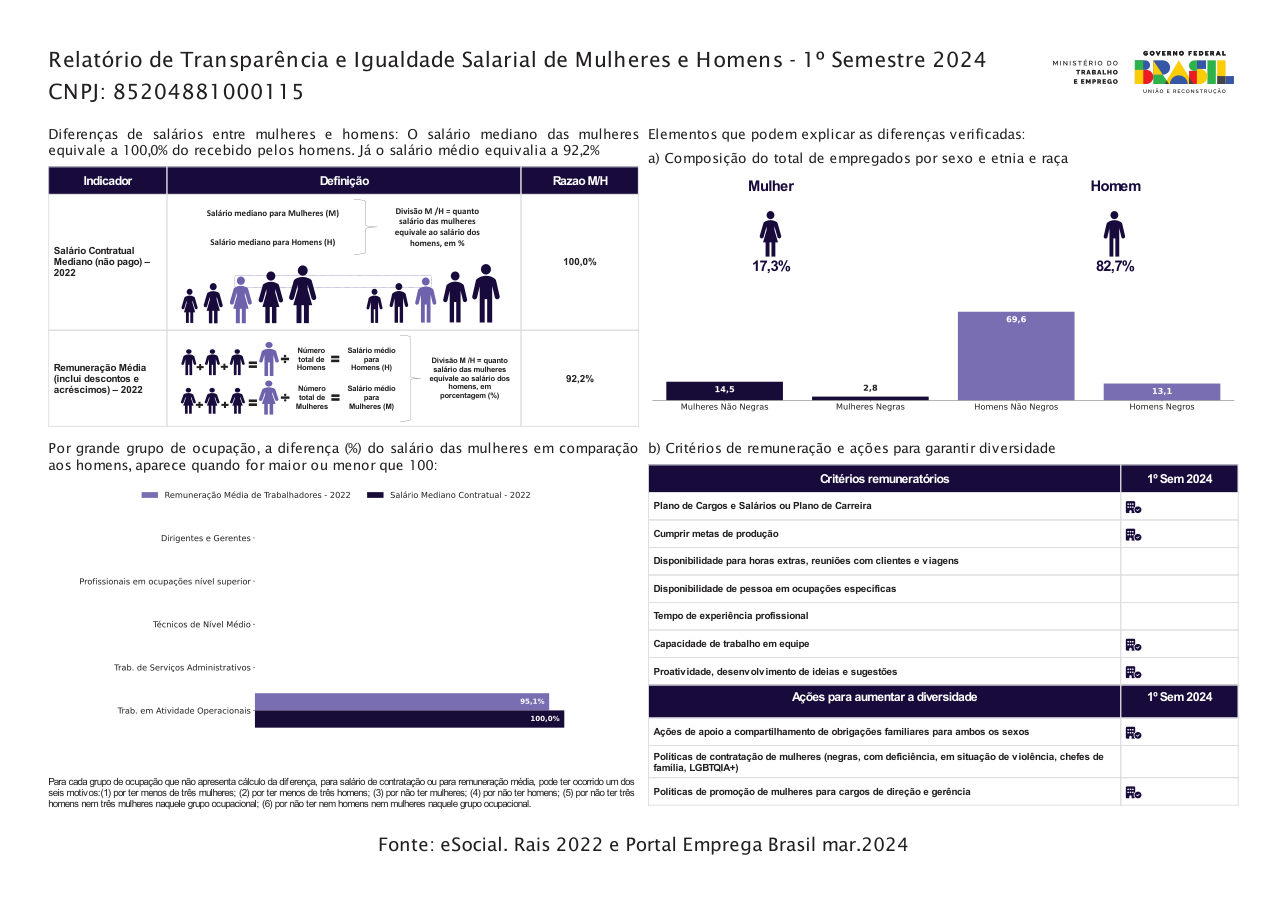 Relatório de Transparência e Igualdade Salarial, 1º semestre de 2024, CNPJ 85.204.881/0001-15