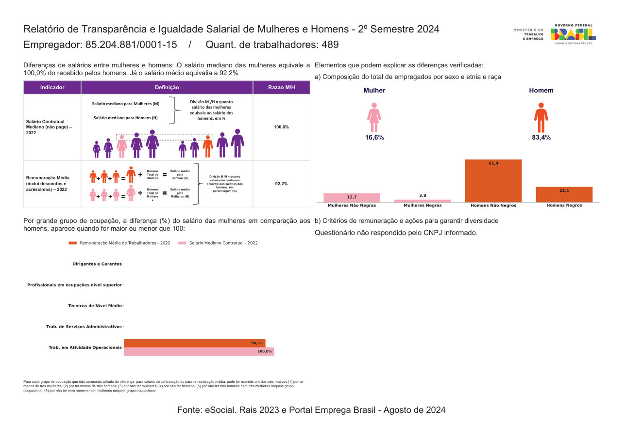 Relatório de Transparência e Igualdade Salarial, 2º semestre de 2024, CNPJ 85.204.881/0001-15