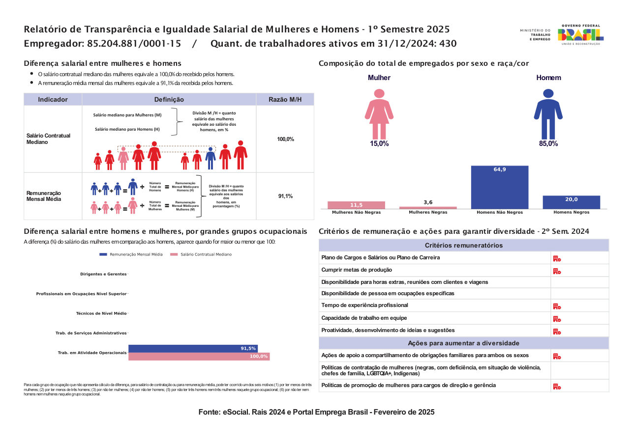 Relatório de Transparência e Igualdade Salarial, 1º semestre de 2025, CNPJ 85.204.881/0001-15